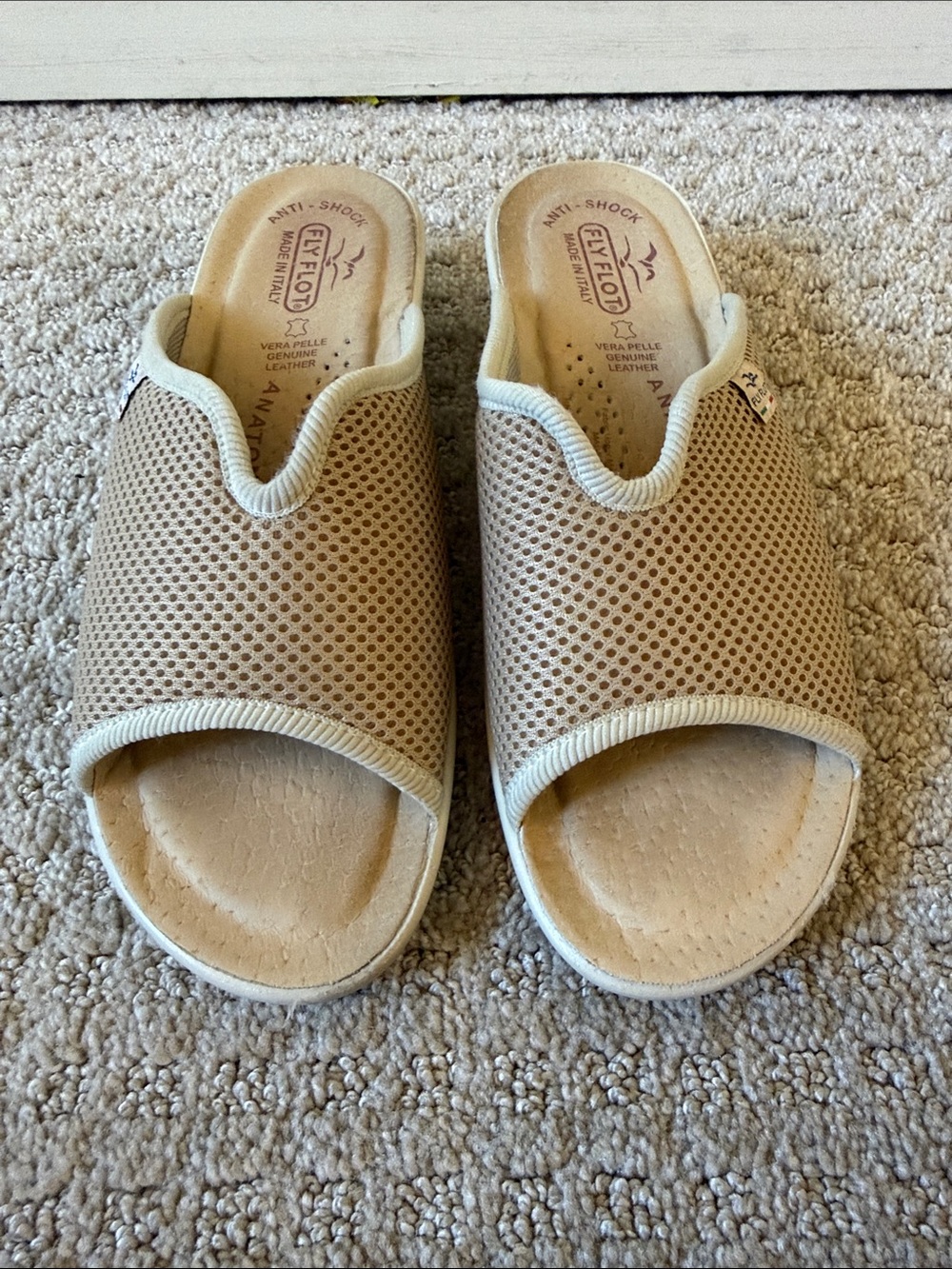 Fly Flot Anatomic Beige Mesh Slip On Wedge  Open-Toe Comfort Slide Sandals 38